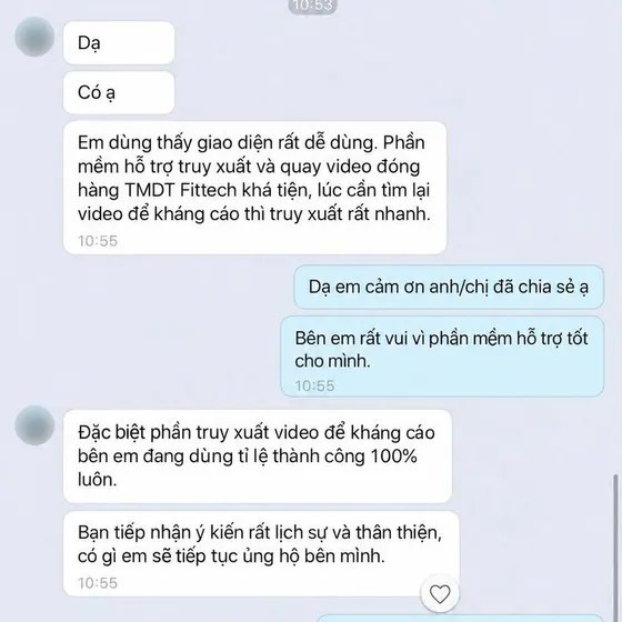 Tin nhắn Zalo của Quà Lưu Niệm Khánh Băng nhận xét FITTECH dễ dùng và tìm lại video nhanh để làm bằng chứng kháng cáo.