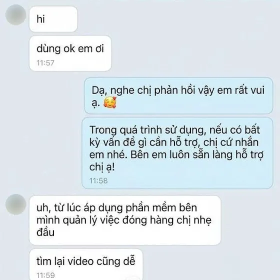 Tin nhắn Zalo của TH Store nhận xét FITTECH giúp quản lý đóng hàng nhẹ nhàng hơn và dễ tìm lại video.
